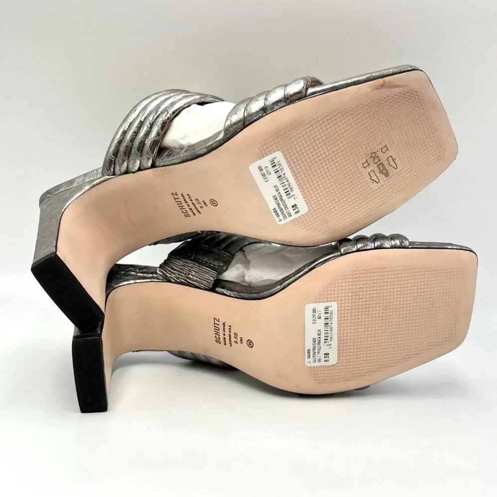 Schutz Womens Size 8.5‎ Metallic Silver Croc Print Dress Sandals Heels Shoes